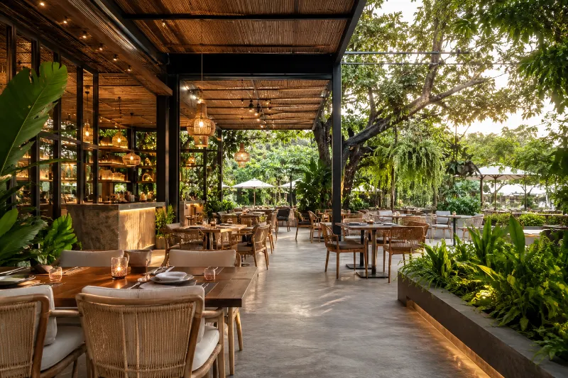 แบบร้านอาหารเปิดโล่งที่ออกแบบให้โปร่งสบาย